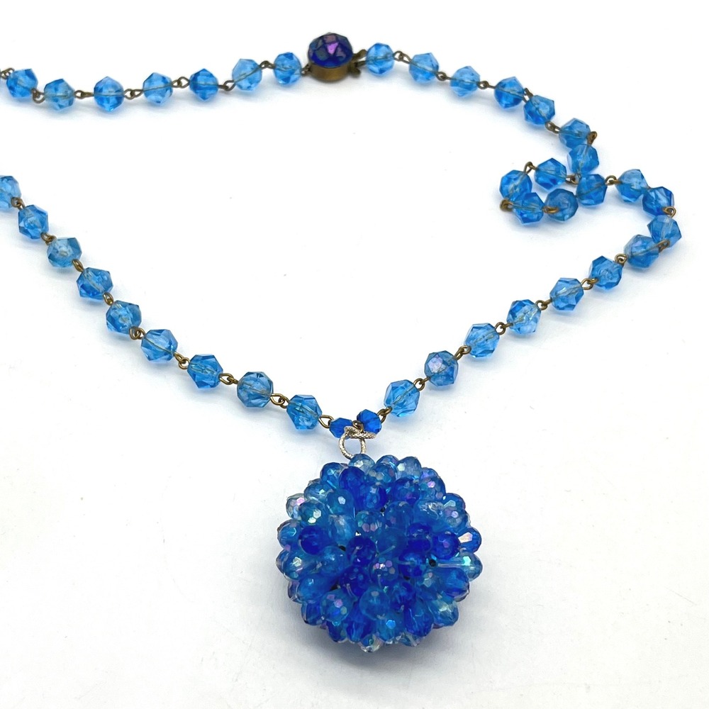 Vintage Blue‎ Crystal Orb Pendant Necklace Made in Western Germany